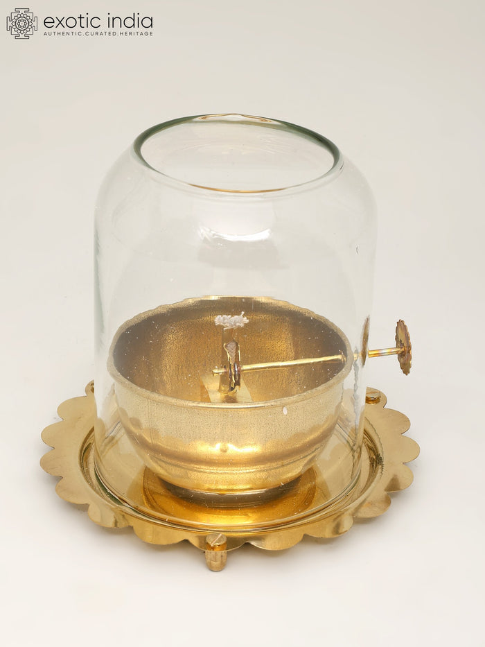 6" Brass Akhand Diya with Glass Cover for Pooja