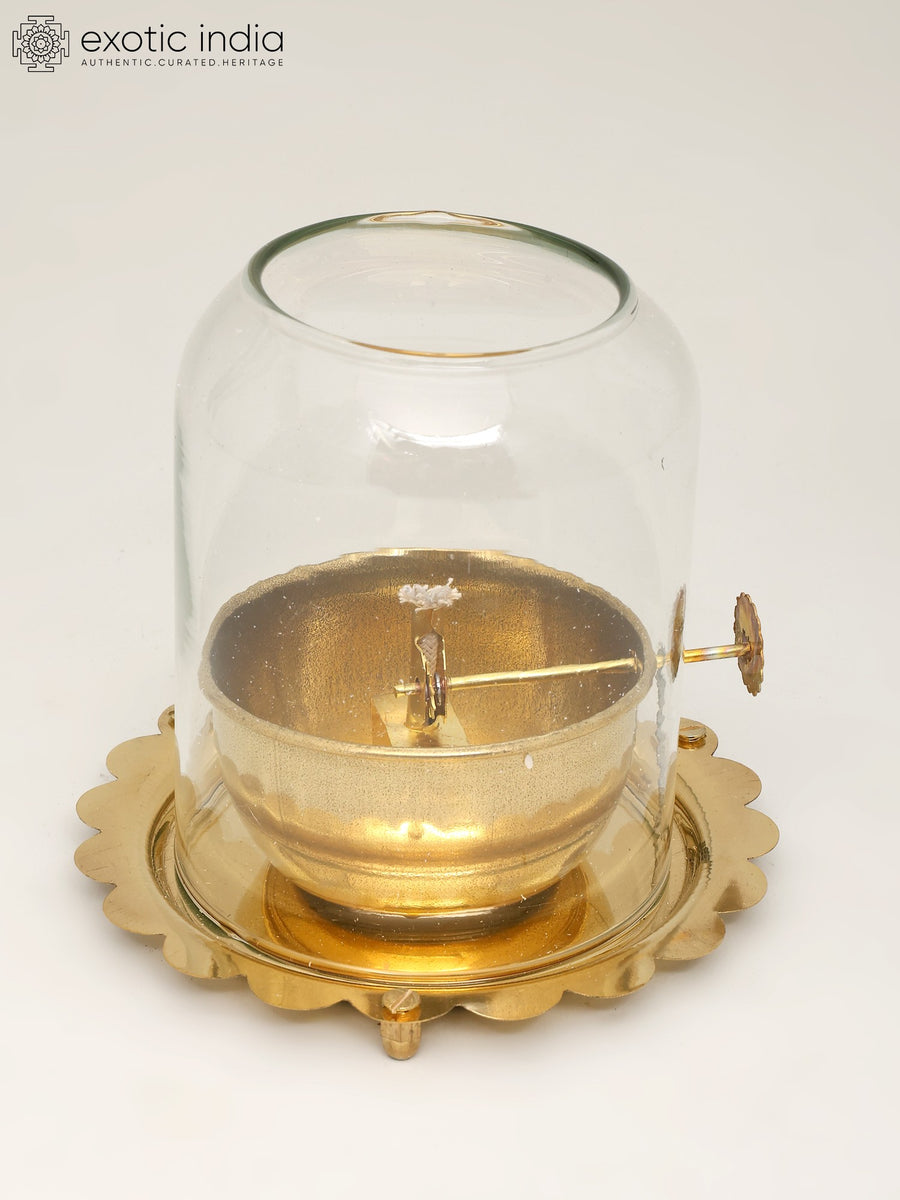 6" Brass Akhand Diya with Glass Cover for Pooja