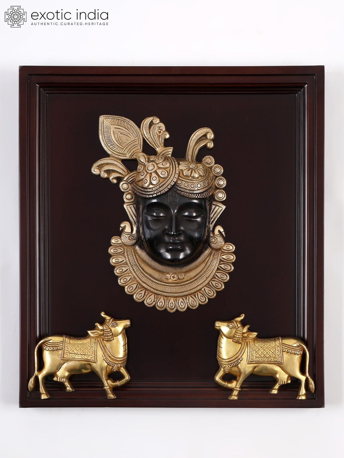 18" Brass Shrinath Ji with Two Cows Wall Hanging Sculpture