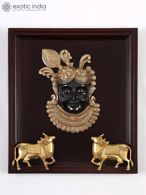 18" Brass Shrinath Ji with Two Cows Wall Hanging Sculpture