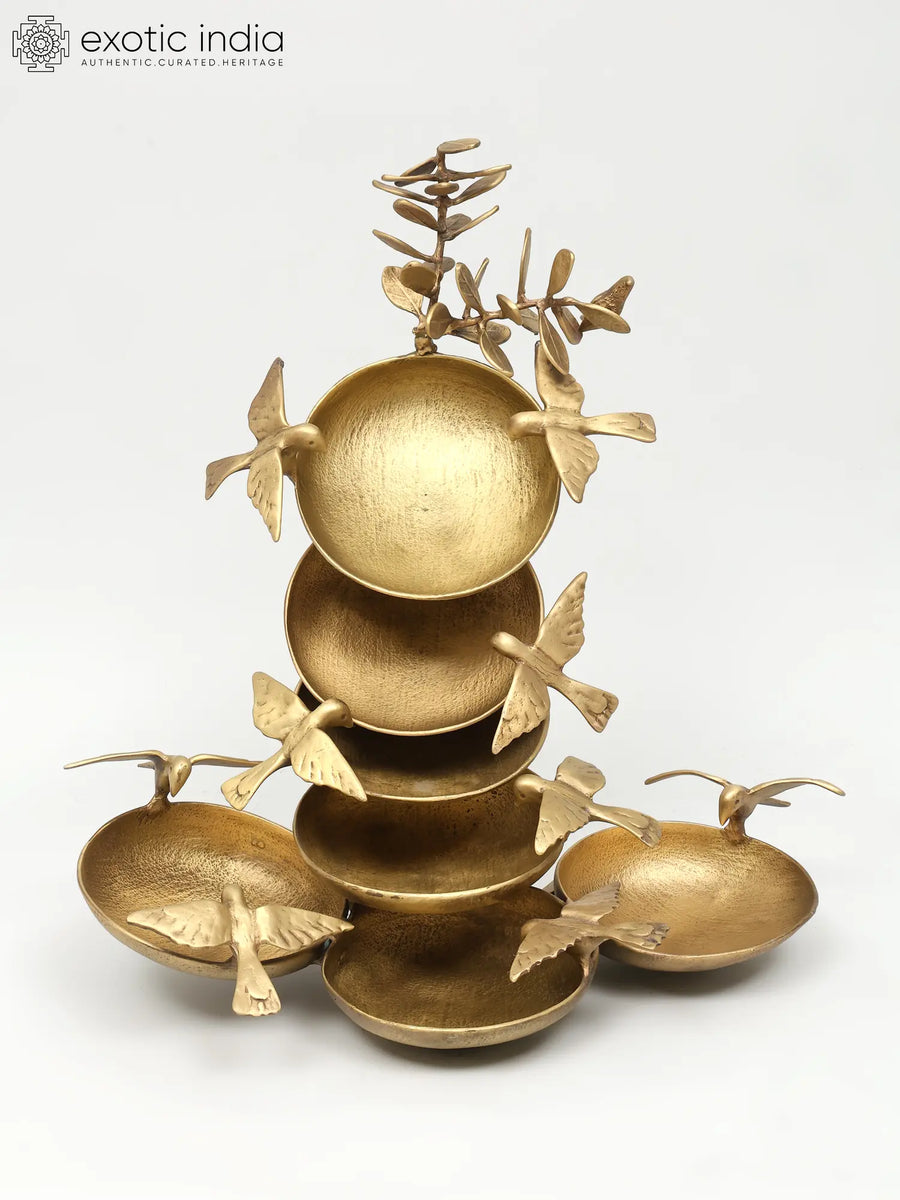 18" Seven Bowl Brass Bird Bath Statue for Home Decor