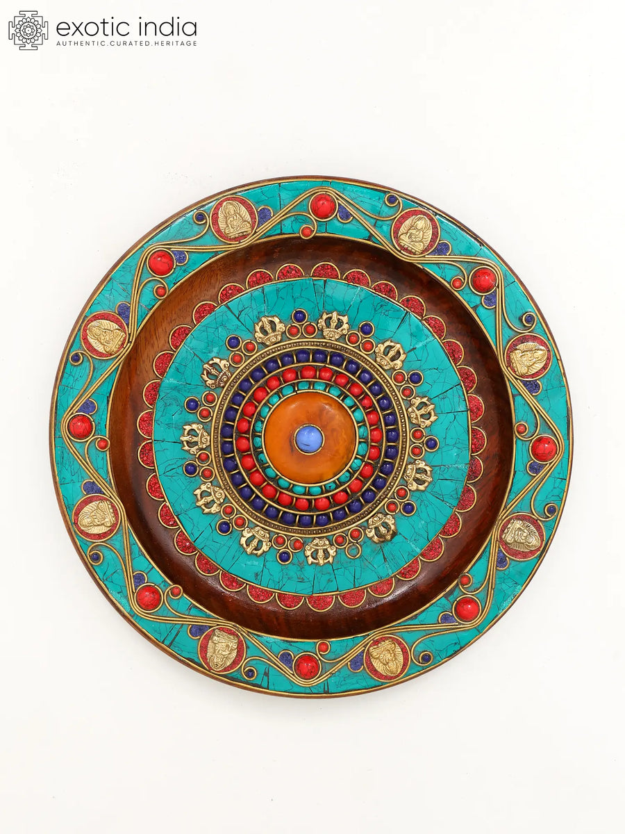 10" Tibetan Buddhist Brass Wall Hanging Plate with Inlay Work