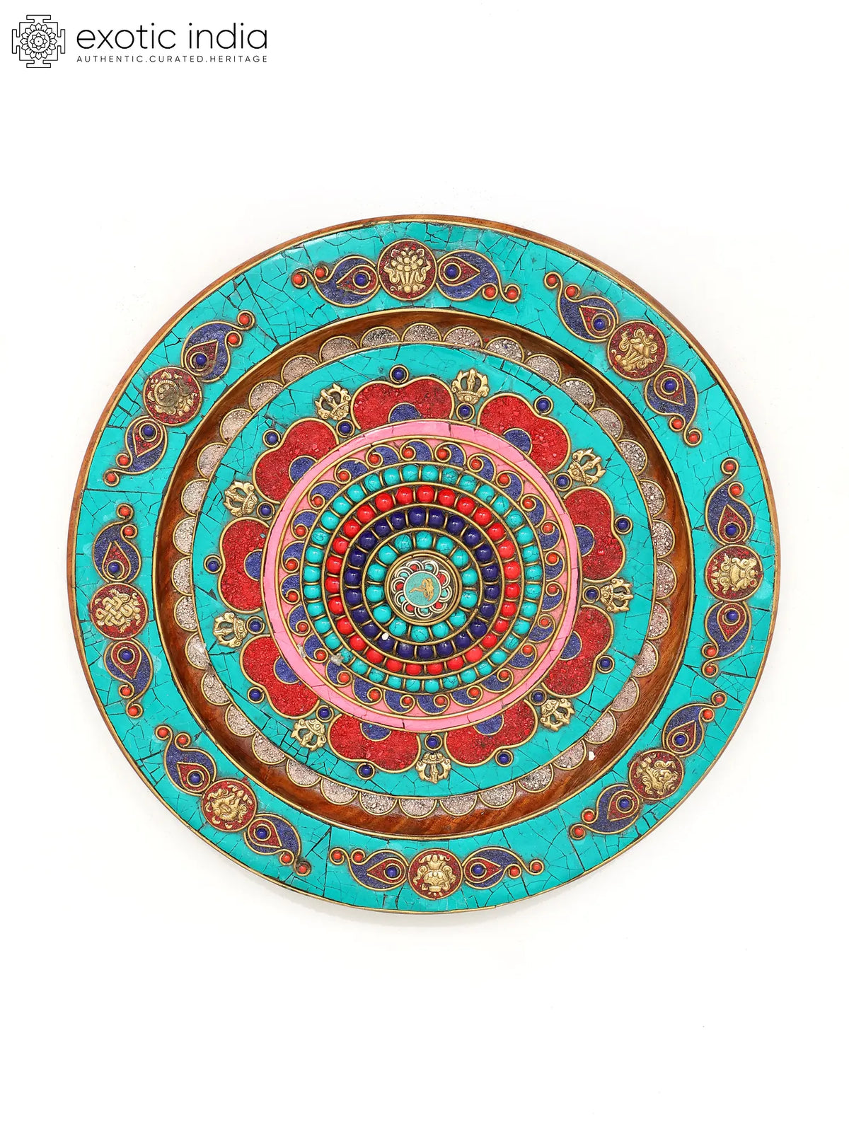 12" Round Tibetan Buddhist Wall Hanging in Wood with Inlay Work