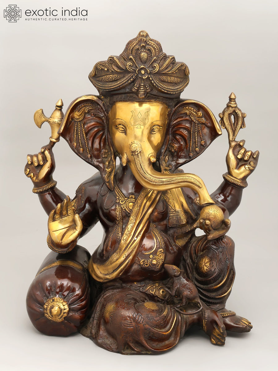 20" Four Armed Pagdi Ganesha Handmade Brass Statue
