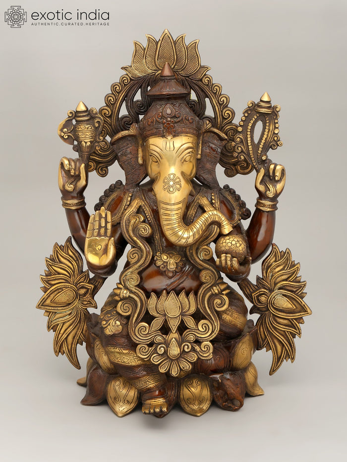 21" Four Armed Ganesha Brass Statue on Lotus Throne for Pooja
