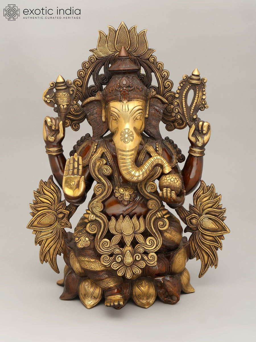 21" Four Armed Ganesha Brass Statue on Lotus Throne for Pooja