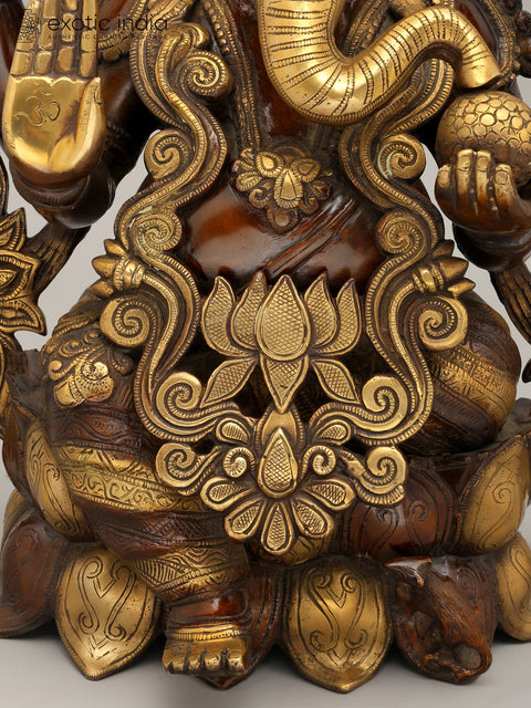 21" Four Armed Blessing Lord Ganesha Seated on Lotus Throne | Brass Statue
