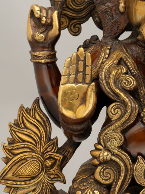 21" Four Armed Blessing Lord Ganesha Seated on Lotus Throne | Brass Statue
