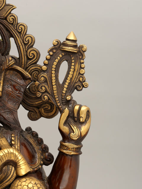 21" Four Armed Blessing Lord Ganesha Seated on Lotus Throne | Brass Statue