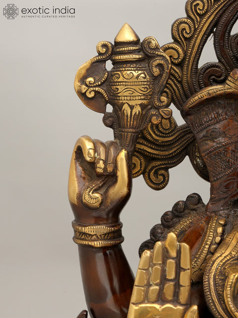 21" Four Armed Blessing Lord Ganesha Seated on Lotus Throne | Brass Statue