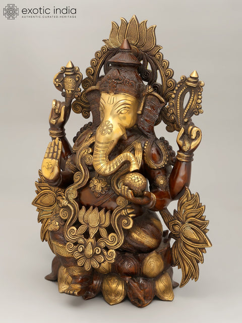 21" Four Armed Blessing Lord Ganesha Seated on Lotus Throne | Brass Statue