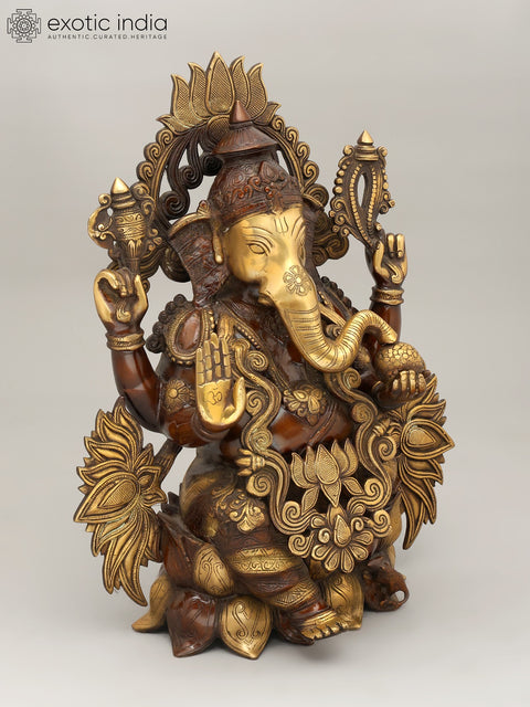21" Four Armed Blessing Lord Ganesha Seated on Lotus Throne | Brass Statue