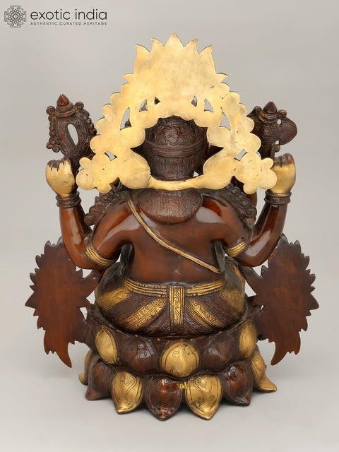 21" Four Armed Blessing Lord Ganesha Seated on Lotus Throne | Brass Statue