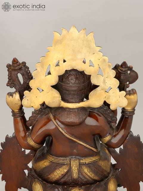 21" Four Armed Blessing Lord Ganesha Seated on Lotus Throne | Brass Statue