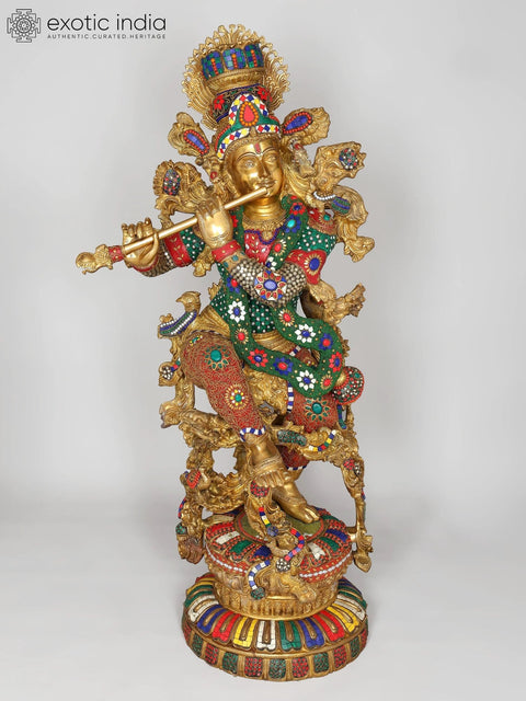 43" Large Fluting Lord Krishna | Brass Statue with Inlay Work