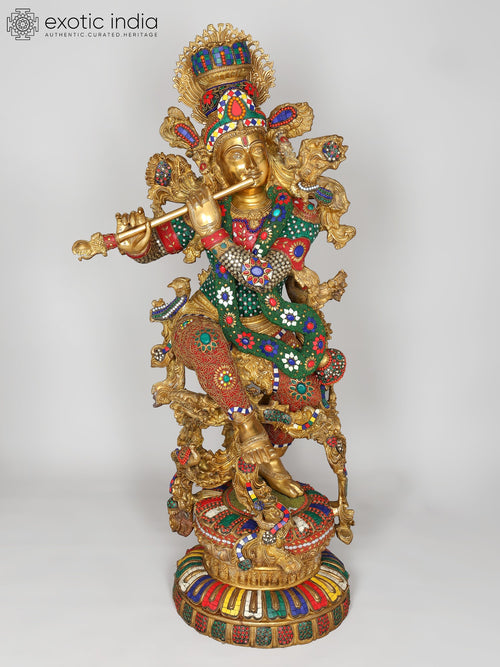 43" Large Handmade Lord Krishna Brass Statue with Inlay Work