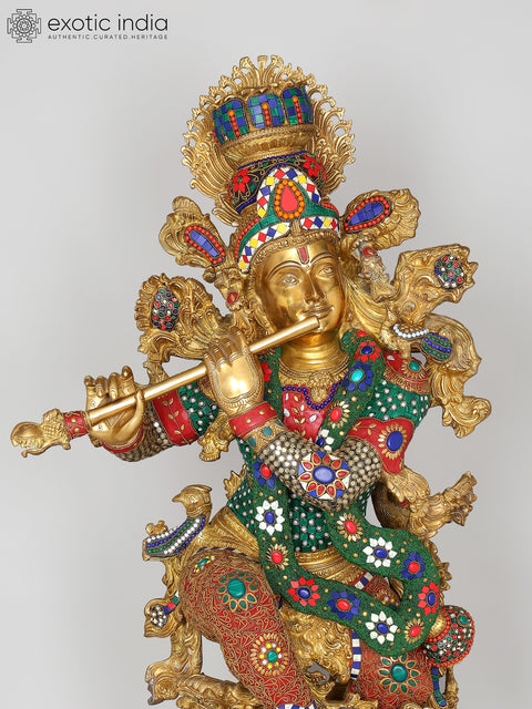 43" Large Fluting Lord Krishna | Brass Statue with Inlay Work
