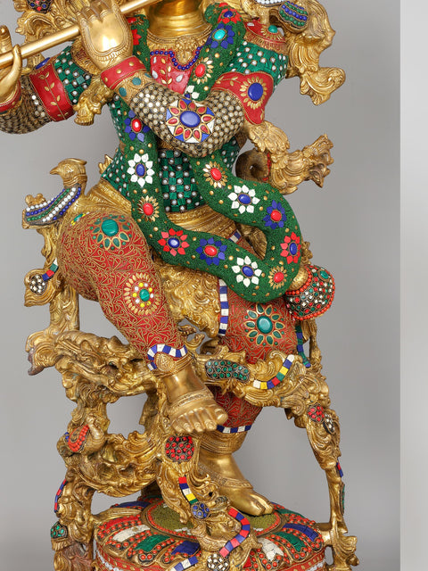 43" Large Fluting Lord Krishna | Brass Statue with Inlay Work