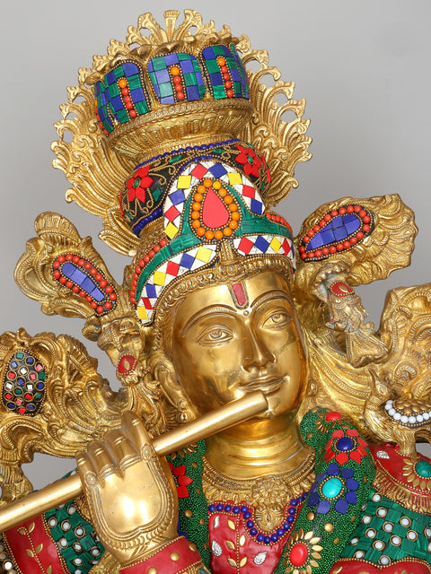 43" Large Fluting Lord Krishna | Brass Statue with Inlay Work