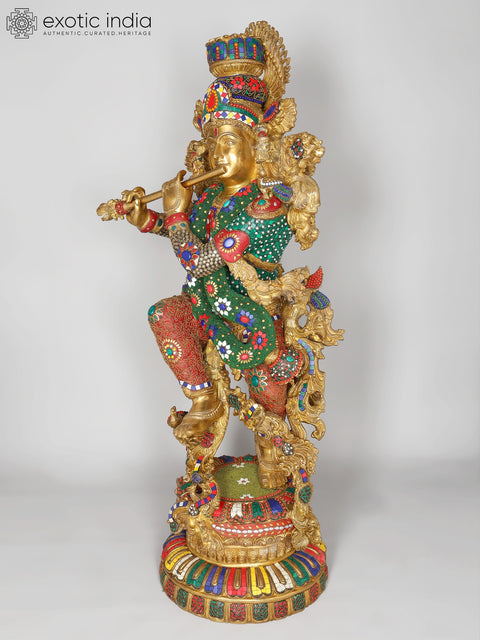43" Large Fluting Lord Krishna | Brass Statue with Inlay Work