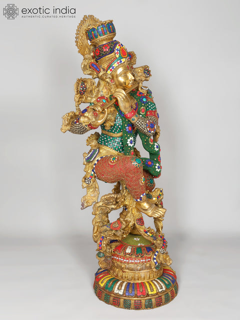 43" Large Fluting Lord Krishna | Brass Statue with Inlay Work