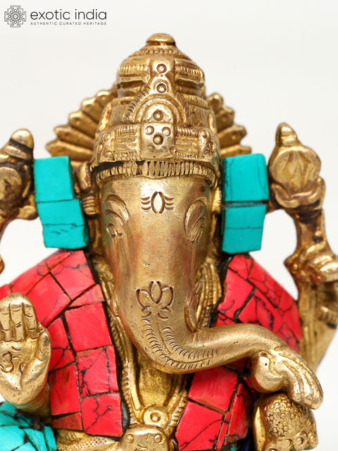 4" Small Blessing Lord Ganesha | Brass Statue with Inlay Work
