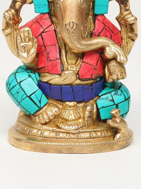 4" Small Blessing Lord Ganesha | Brass Statue with Inlay Work