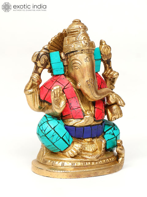 4" Small Blessing Lord Ganesha | Brass Statue with Inlay Work