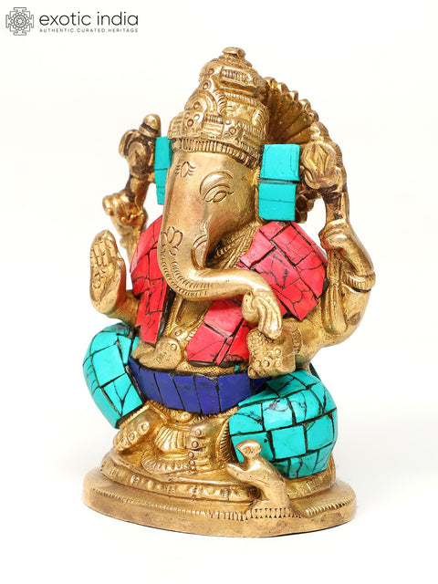 4" Small Blessing Lord Ganesha | Brass Statue with Inlay Work