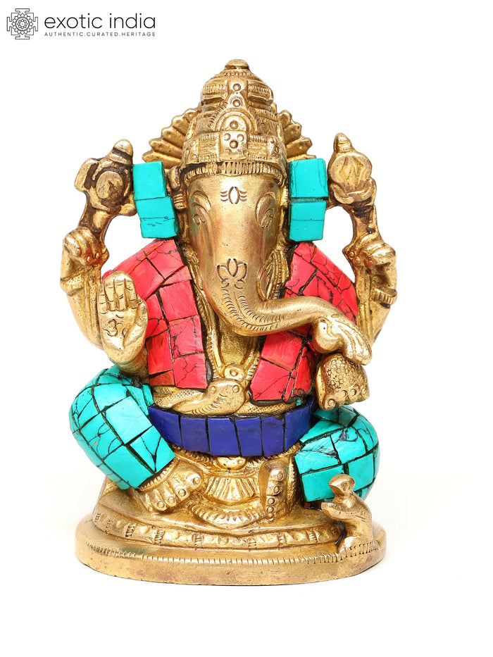 4" Blessing Lord Ganesha Handmade Brass Statue with Inlay Work
