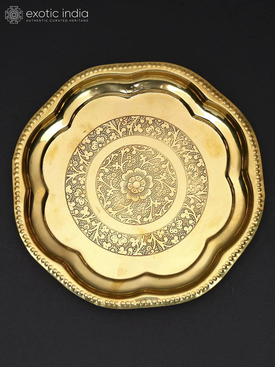 Floral Design Brass Ritual Thali for Pooja - Handmade
