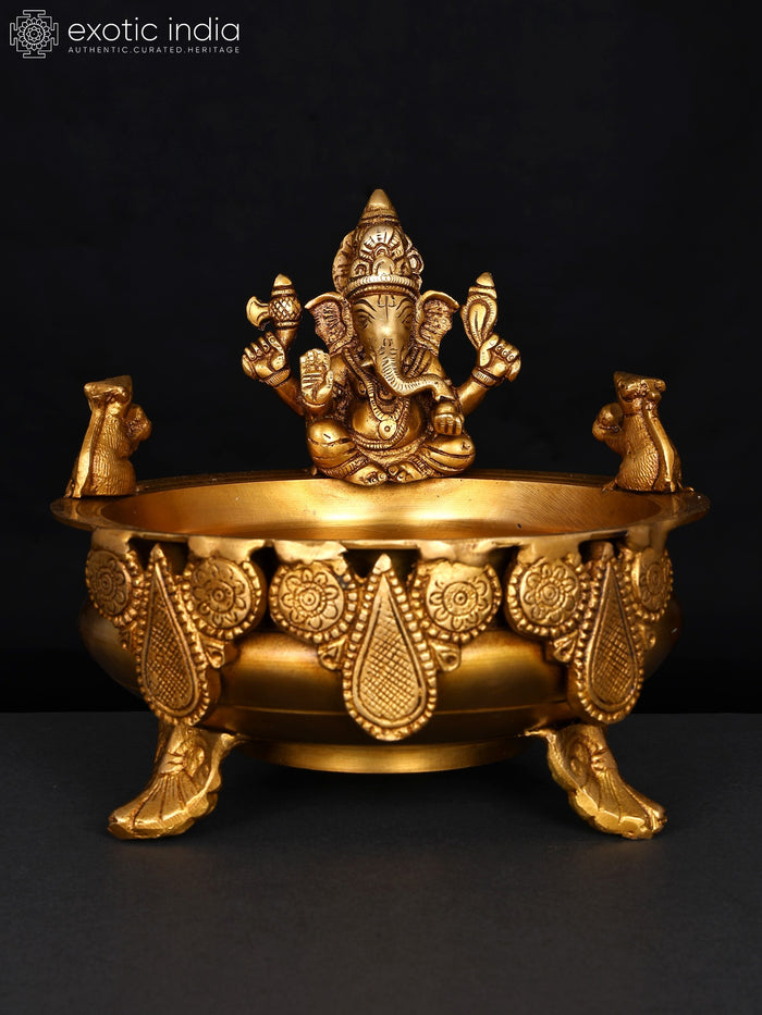 8" Lord Ganesha Brass Urli Home Decor