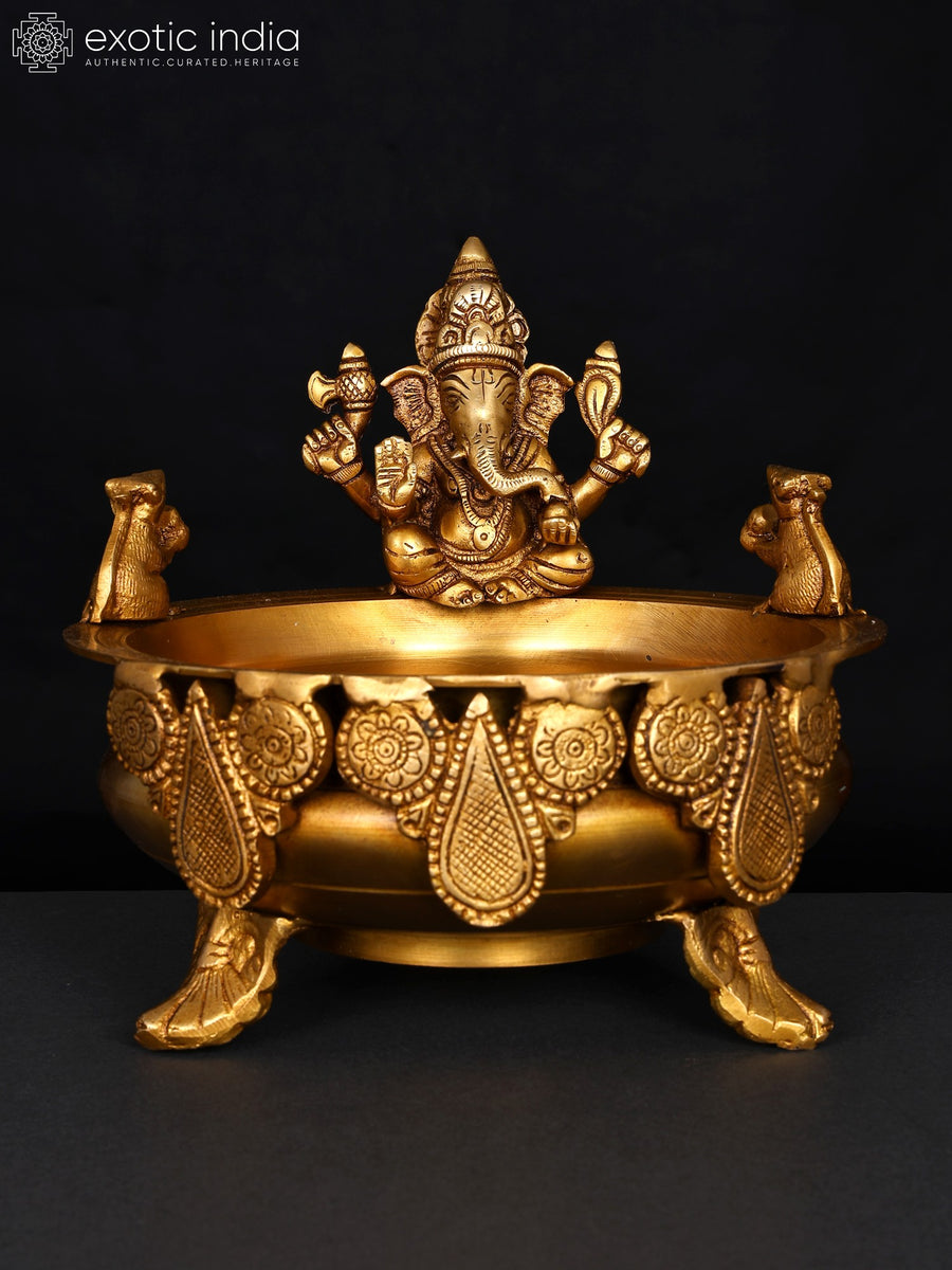8" Lord Ganesha Brass Urli Home Decor