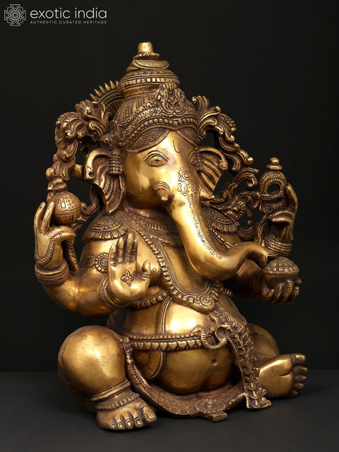 17" Four Armed Blessing Lord Ganesha | Brass Statue