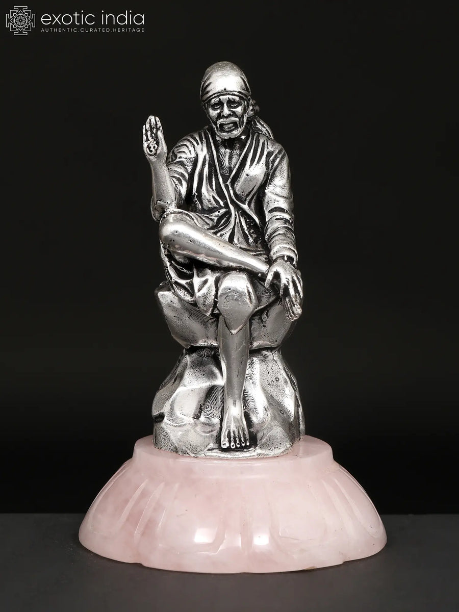4" Brass Sai Baba Idol on Rose Quartz Gemstone Base for Pooja