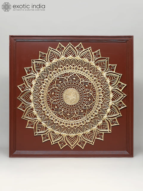 45" Large Wood Framed Mandala Art in Brass | Wall Hanging