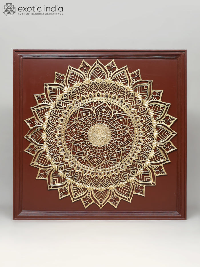 45" Large Wood Framed Mandala Art in Brass | Wall Hanging