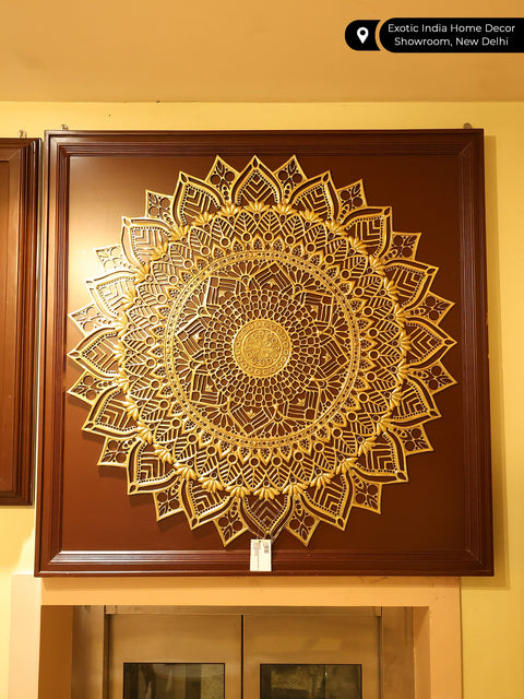 45" Large Wood Framed Mandala Art in Brass | Wall Hanging