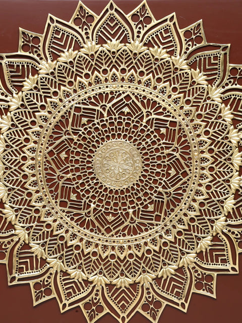 45" Large Wood Framed Mandala Art in Brass | Wall Hanging
