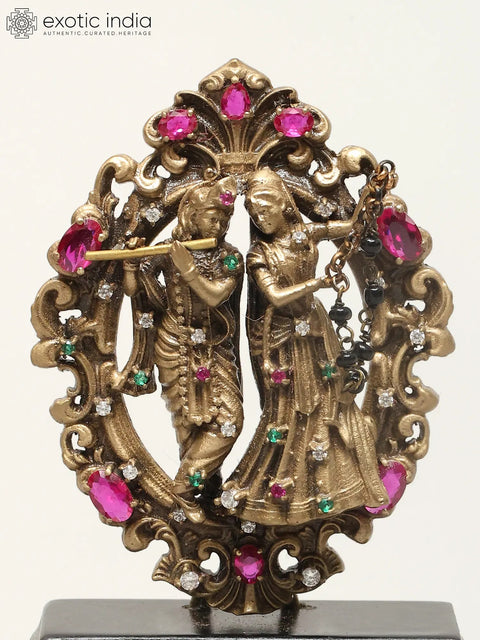 3" Small Radha And Krishna Statue With Base | Brass Sculpture for Car Dashboard
