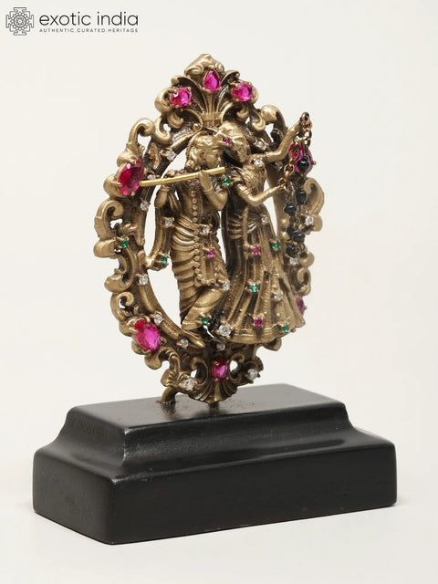 3" Small Radha And Krishna Statue With Base | Brass Sculpture for Car Dashboard