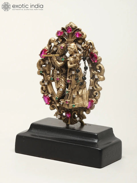 3" Small Radha And Krishna Statue With Base | Brass Sculpture for Car Dashboard
