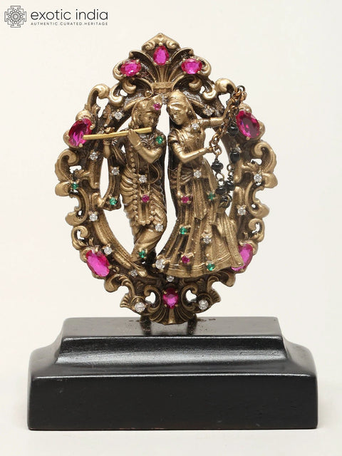 3" Small Radha And Krishna Statue With Base | Brass Sculpture for Car Dashboard