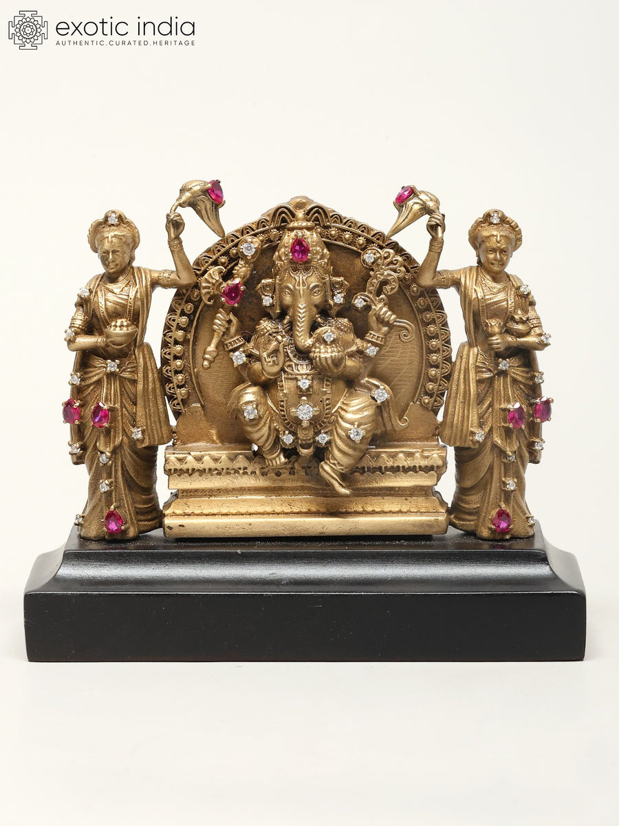 3" Seated Lord Ganapati with Riddhi and Siddhi Brass Idol