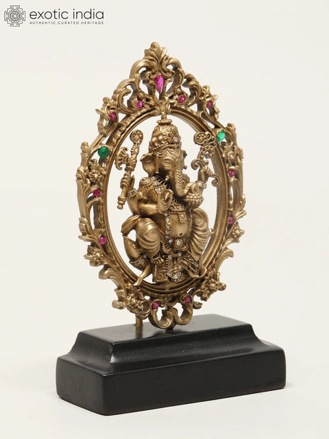 3" Small Seated Ganesha On Mushak In Blessing Gesture With Base | Handmade Brass Idol for Car Dashboard