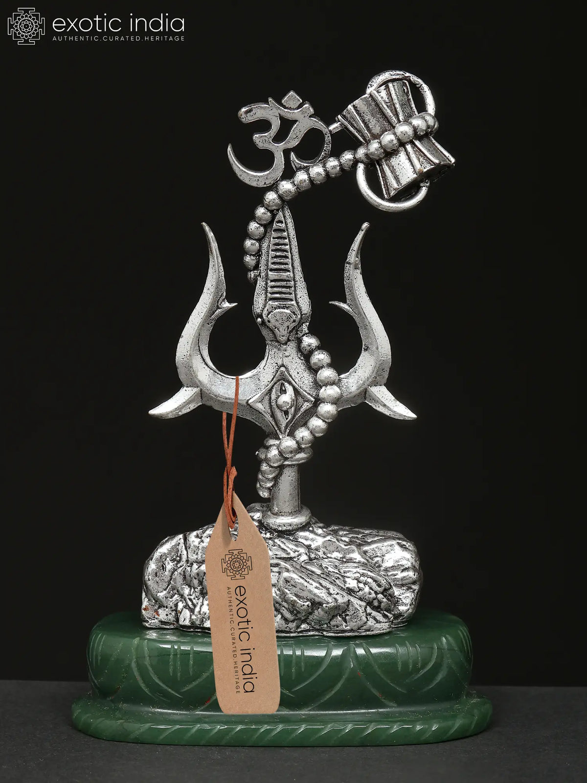 4" Small Brass Superfine Stylized Trishul on Green Aventurine Gemstone Base