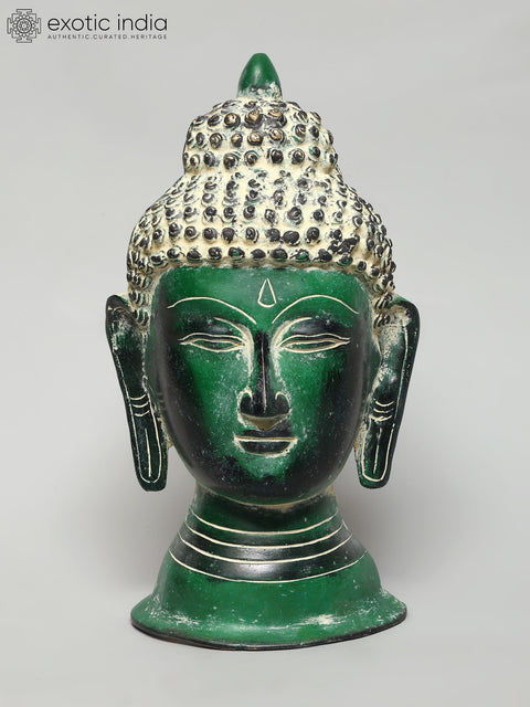 11" Green Colored Wall Hanging Buddha Head | Brass Statue