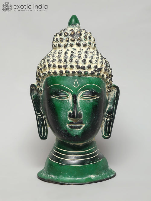 11" Green Brass Buddha Head Wall Hanging Statue