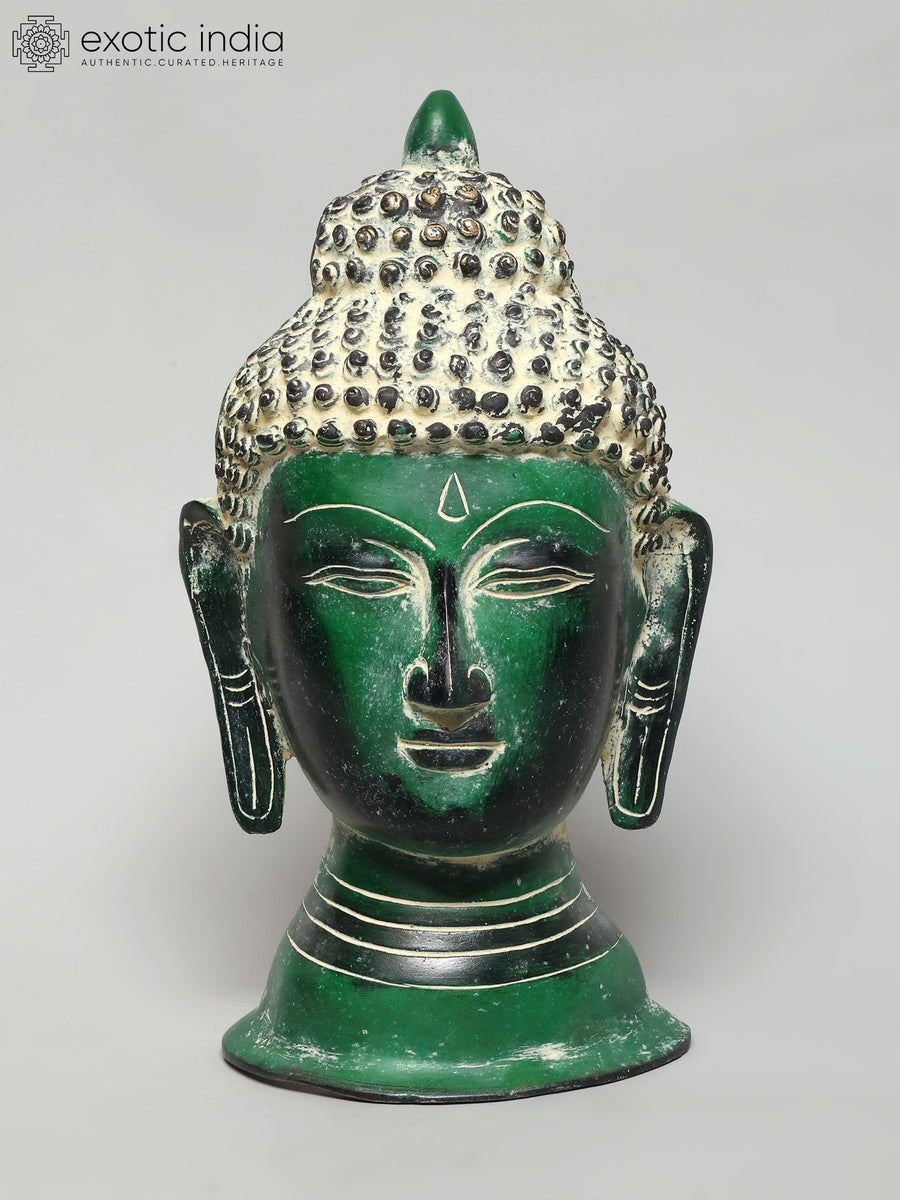 11" Green Brass Buddha Head Wall Hanging Statue