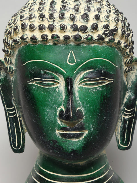 11" Green Colored Wall Hanging Buddha Head | Brass Statue